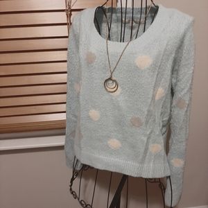 Lc blue sweater with white and grey dots